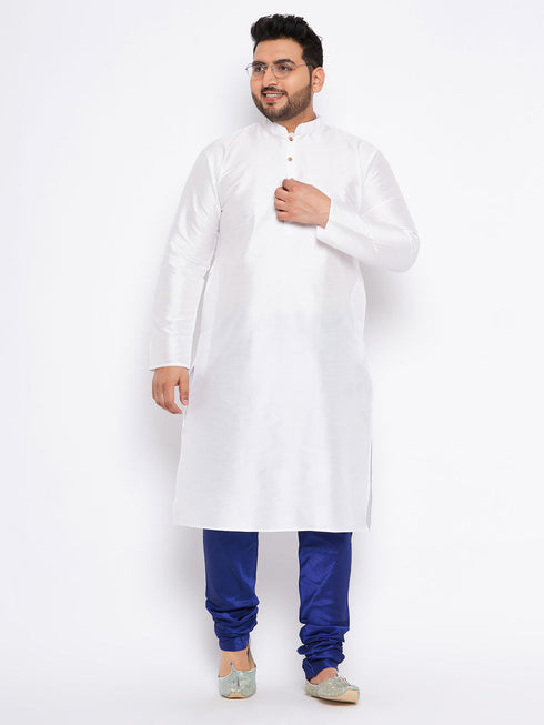 Jashvi Men's Plus Size White Silk Blend Kurta And Blue Pyjama Set